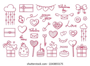 Valentines day vector hand drawn set of doodles. Cute romantic love icons for anniversary, wedding. Lettering text, sweets, presents and gifts collection