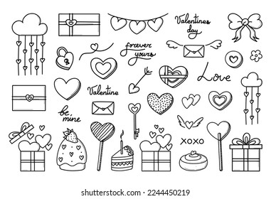 Valentines day vector hand drawn set of doodles. Cute romantic love icons for anniversary, wedding. Lettering text, sweets, presents and gifts collection