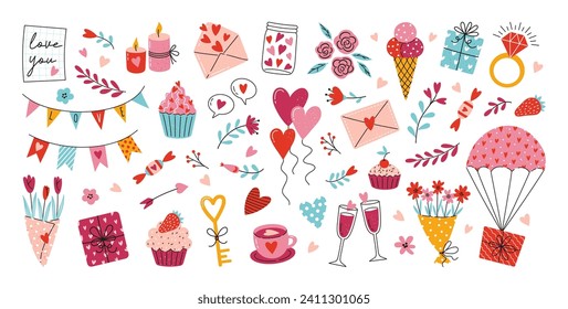 Valentinstag Vektor handgezeichnet Elemente Set. Geschenk, Herz, Ballon, Umschlag, Desserts, Blumenstrauß, Süßigkeiten und andere Dekorationen. Cartoon-Stil. Ideal für Aufkleber und Grußkarten.