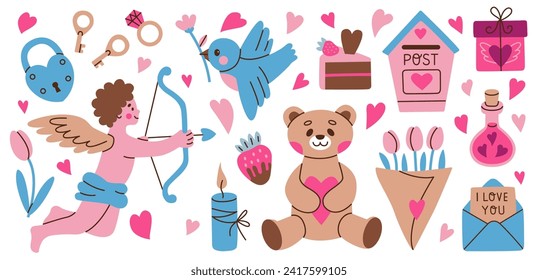 Valentine's day vector hand drawn elements set. Gift, heart, dessert, floral bouquets, candy, bear and other decoration.