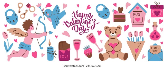 Valentine's day vector hand drawn elements set. Gift, heart, dessert, floral bouquets, candy and handwritten lettering.