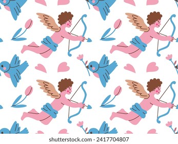 Valentine's day vector hand drawn seamless pattern. Cartoon style heart, flower, angel, bird. Flat vector illustration.