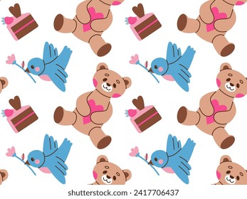 Valentine's day vector hand drawn seamless pattern. Cartoon style flower, Teddy bear, bird. Flat vector illustration.