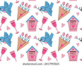 Valentine's day vector hand drawn seamless pattern. Cartoon style bouquet, letter box, bird. Flat vector illustration.