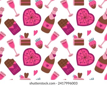 Valentine's day vector hand drawn seamless pattern. Cartoon style heart, chocolate, sweets. Flat vector illustration.