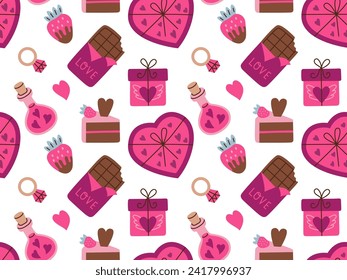 Patrón sin fisuras dibujado a mano en el día de San Valentín. Corazón estilo caricatura, chocolate, dulces. Ilustración vectorial plana.