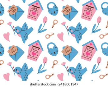Valentine's day vector hand drawn seamless pattern. Cartoon style padlock, letter box, bird. Flat vector illustration.