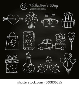 Valentines Day  vector hand drawn icons on a chalkboard . Birds, heart, flask, phone, cupcake, cake, car, arrow, candies, gift , package, balloons and cups.