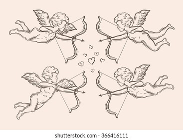 Valentines Day. Vector Hand Drawn Angel Sketch And Amur, Cupid Doodle