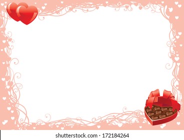 Valentine's day. Vector of  heart shaped box with chocolates candy on ornate border 