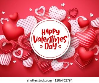 Valentines day vector hearts background template. Happy valentines day greeting text in white space with hearts shape elements and decorations in red background. Vector illustration.
