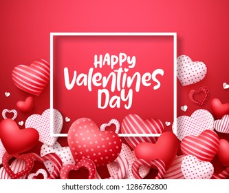 Valentines day vector hearts background. Happy valentines day greeting text in a frame with hearts shape elements and decorations in red background. Vector illustration.
