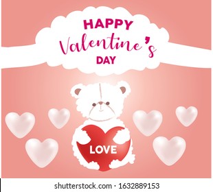 Valentines day vector hearts background template. Happy Valentines day greeting with hearts shape elements,bear, and decorations in red background.  Vector illustration