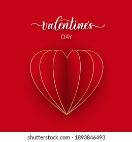 Valentines Day vector holiday flyer with realistic paper heart on red background.