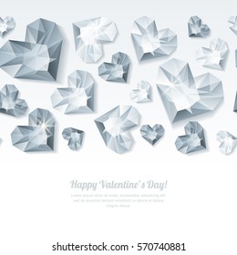 Valentines day vector horizontal white background with 3d silver heart diamonds, gems, jewels. Silver holiday texture for Valentines greeting card, banner, poster, flyer, party invitation.