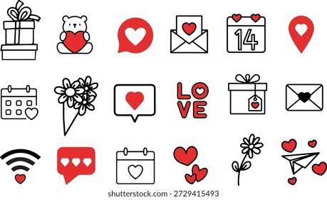 Valentine's Day vector icon collection with red details - Conceptual elements of love, romance, and wedding