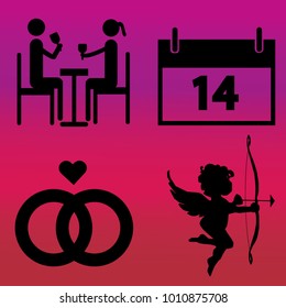 
Valentine's Day Vector Icon Set consists of 4 theme icons on romantic love, calendar, wedding rings, cupid dinner and Valentine's Day.