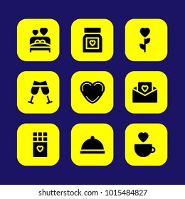 Valentines Day vector icon set. cheers, love, love cup and dinner