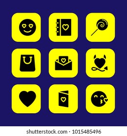 Valentines Day vector icon set. shopping bag, love letter, love agenda and kiss