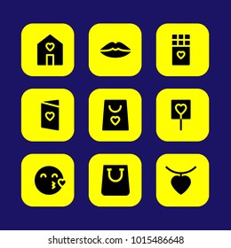 Valentines Day vector icon set. shopping bag, lips, love and valentines day