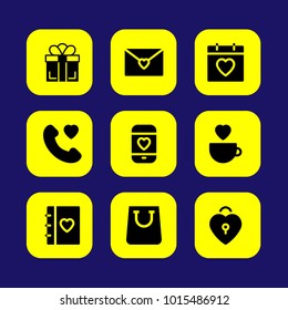 Valentines Day vector icon set. call love, love padlock, love cup and shopping bag