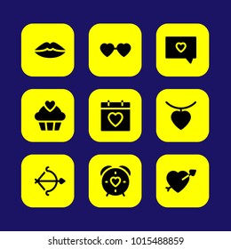 Valentines Day vector icon set. heart necklace, heart glasses, love time and cupcake with heart