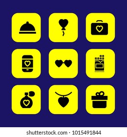 Valentines Day vector icon set. love case, chocolate, heart glasses and love mobile