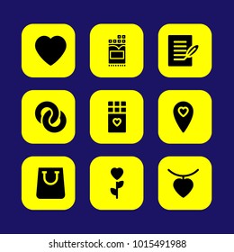 Valentines Day vector icon set. shopping bag, heart necklace, chocolate and love location