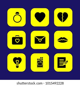 Valentines Day vector icon set. chocolate, love mail, broken heart and lips