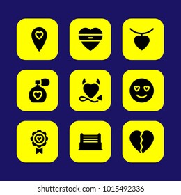 Valentines Day vector icon set. heart necklace, smile in love, love and love location