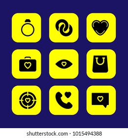 Valentines Day vector icon set. shopping bag, love target, love case and heart