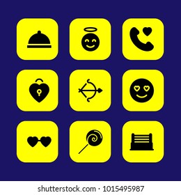 Valentines Day vector icon set. dinner, arc, smile in love and ring