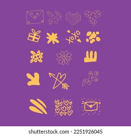 Valentine's Day vector icon set. Hand drawn funny and minimal style. Xoxo icon, abstract shapes, melting heart icon, coffee cup, envelope, gift, arrow, all in a funny, modern and young style.