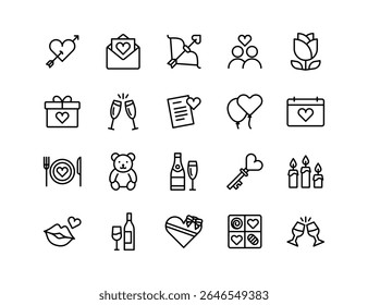 Valentine's Day Vector Icon Set | Adjustable Line Weight | Love, hearts, gift, romance, teddy bear, roses, champagne, candles, balloons, romantic dinner, wedding, affection, dating icons