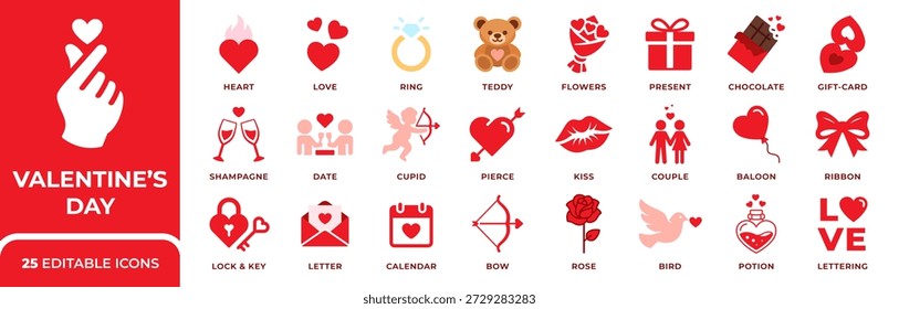Valentinstag-Vektorsymbol-Set mit Liebe, Herz, Paar, Geschenk, Ring und Romantik-Symbole. Perfekt für Hochzeitsdesign, Urlaubsmarketing, Karten, UI, Apps, Banner und romantische Projekte.