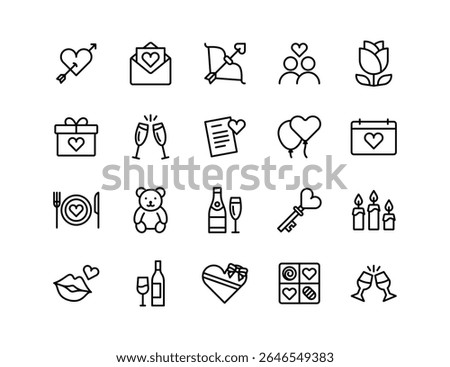 Valentine's Day Vector Icon Set | Adjustable Line Weight | Love, hearts, gift, romance, teddy bear, roses, champagne, candles, balloons, romantic dinner, wedding, affection, dating icons