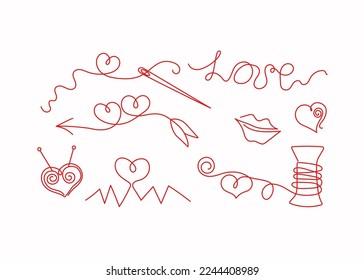  Valentine's Day. Vector Icons, Badges, Hearts, Line art drawings. Thread, needles, needlework. 