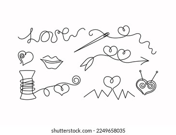  Valentine's Day. Vector Icons, Badges, Hearts, Line art drawings. Thread, needles, needlework. 