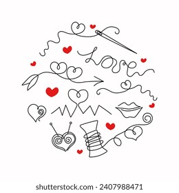  Valentine's Day. Vector Icons, Badges, Hearts, Line art drawings. Thread, needles, needlework. 