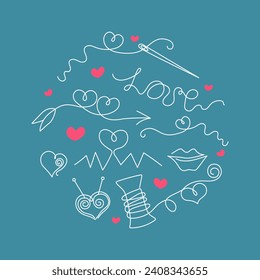  Valentine's Day. Vector Icons, Badges, Hearts, Line art drawings. Thread, needles, needlework. 