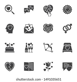 Valentines day vector icons set, modern solid symbol collection, filled style pictogram pack. Signs, logo illustration. Set includes icons as love message, champagne bottle, rose flower, heart bubbles