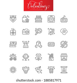 
Valentine's Day vector icons set. Valentine's Day and party, music, gift, ring, heart, concept signs in this style.