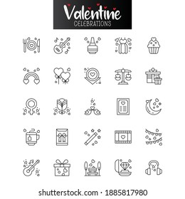 
Valentine's Day vector icons set. Valentine's Day and party, music, gift, ring, heart, concept signs in this style.