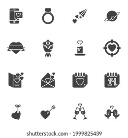 Valentines day vector icons set, modern solid symbol collection, filled style pictogram pack. Signs, logo illustration. Set includes icons as flowers bouquet, heart ring, calendar day, champagne glass