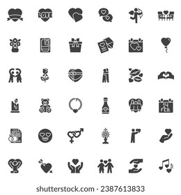 Conjunto de iconos vectoriales del día de San Valentín, colección moderna de símbolos sólidos, paquete de pictogramas estilo relleno. Señales, ilustración del logotipo. Set incluye íconos como pareja de corazones, besos, fecha romántica, regalo, chocolate