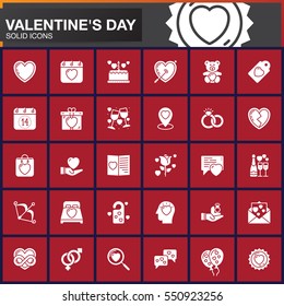 Valentine's Day vector icons set, modern solid symbol collection, filled white pictogram pack isolated on red. Love signs, logo illustration