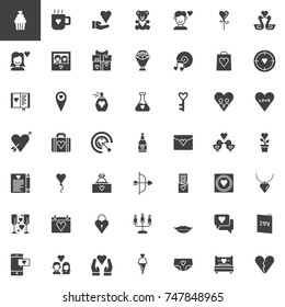 Valentine's Day vector icons set, modern solid symbol collection, filled pictogram pack.  Love, wedding signs, logo illustration. Set includes icons as teddy bear, romantic music, heart, present
