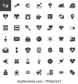 Valentines Day vector icons set, modern solid symbol collection, filled style pictogram pack. Love Signs, logo illustration. Set includes icons as heart, cupid, angel, gift, calendar, flower, message