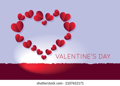 Valentine's day. Vector illustration. 3d red paper hearts in the shape of a big heart on a delicate lilac background. Cute love sale banner or greeting card on isolated background
