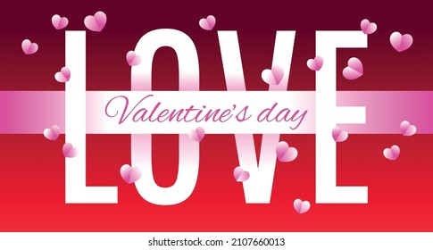 Día de San Valentín. Ilustración vectorial. 3 d corazones de papel rosado con amor a la palabra. Banner de venta de amor o tarjeta de saludo en fondo rojo aislado